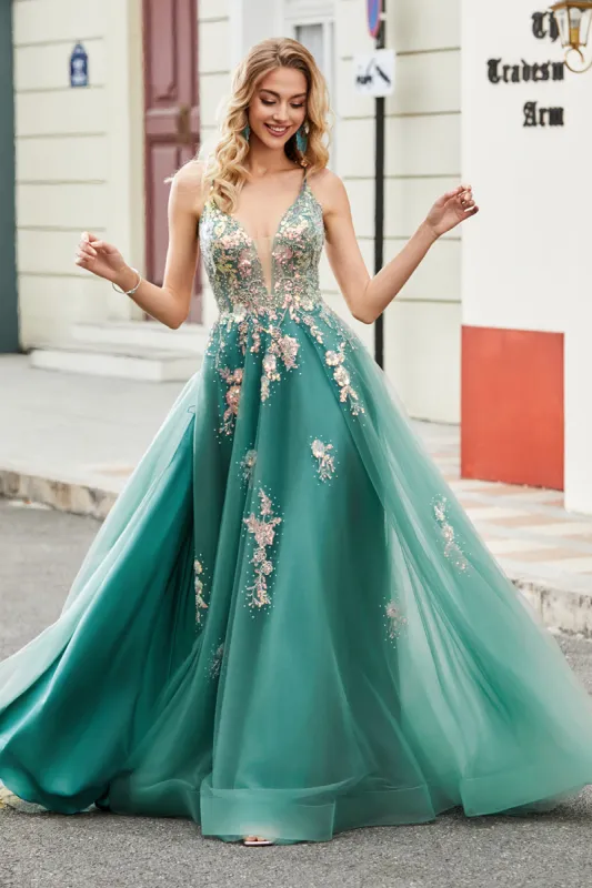 Glitter Green A-Line Spaghetti Straps Long Prom Dress With Sparkly Sequin Appliques sold by Zapaka