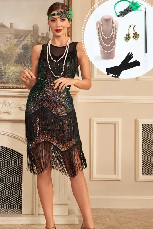 Sparkly Ombre Fringed Tiered 1920s Dress with Accessories Set sold by Zapaka