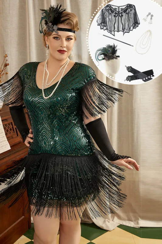 Green Plus Size 1920s Gatsby Dress with 20s Acessories Set sold by Zapaka