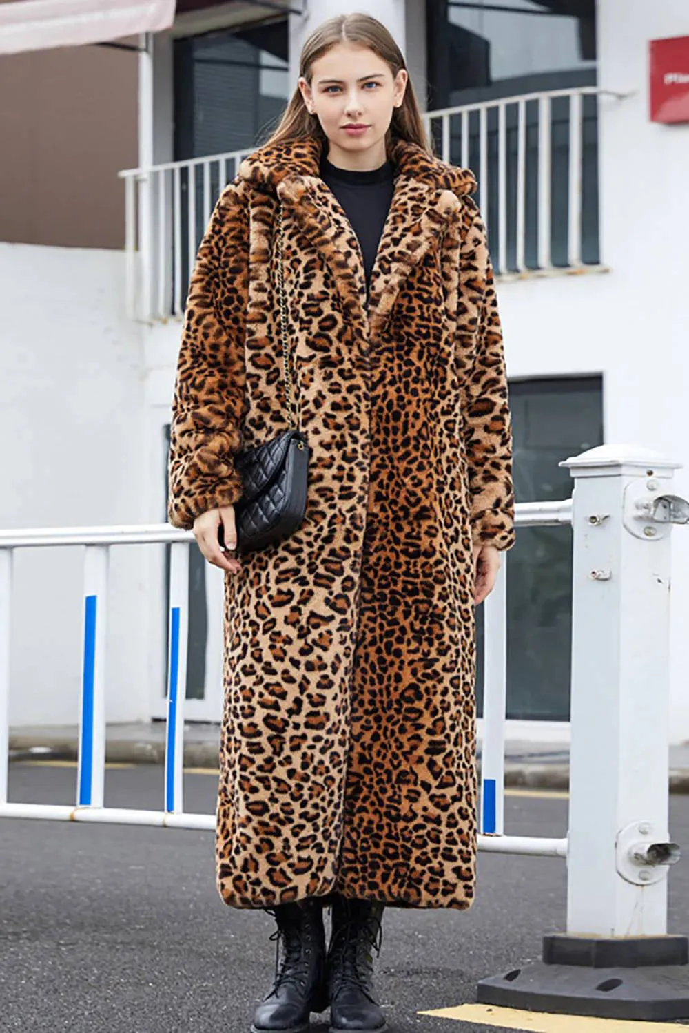 Brown Leopard Notched Lapel Faux Fur Shearling Coat sold by Zapaka