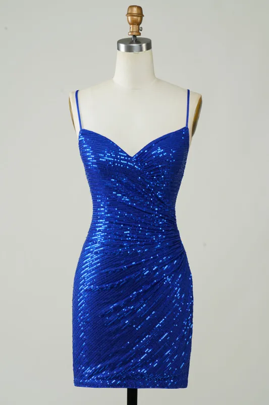 Sparkly Bodycon Spaghetti Straps Royal Blue Sequins Short Homecoming Dress sold by Zapaka