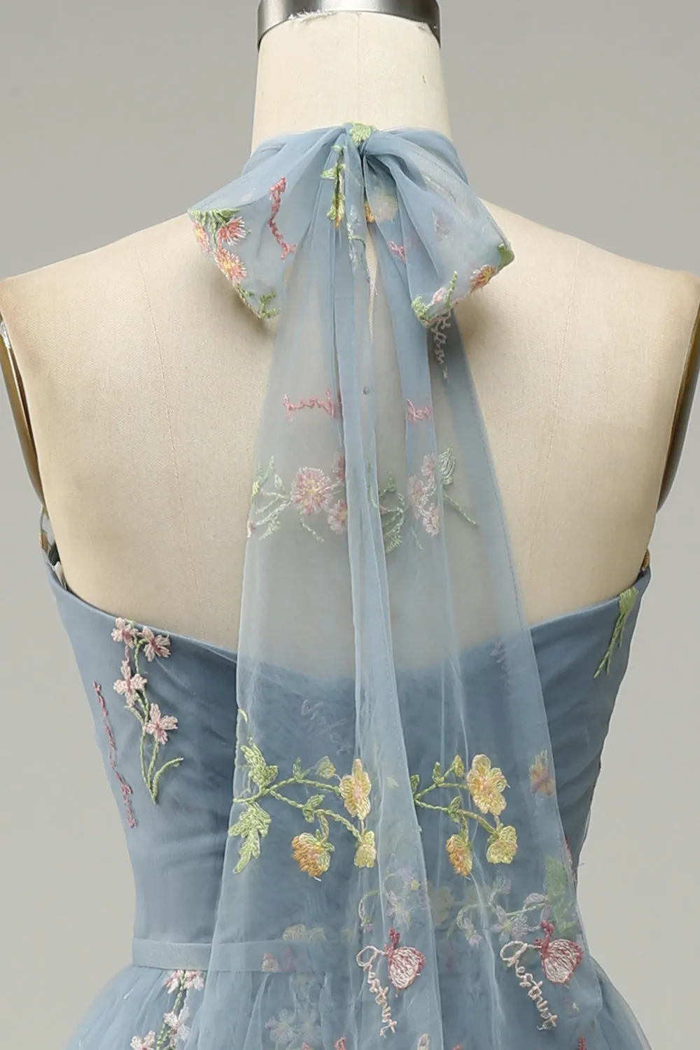 Halter A Line Tulle Tiered Open Back Long Prom Dress with Embroidery sold by Zapaka product image thumbnail 5