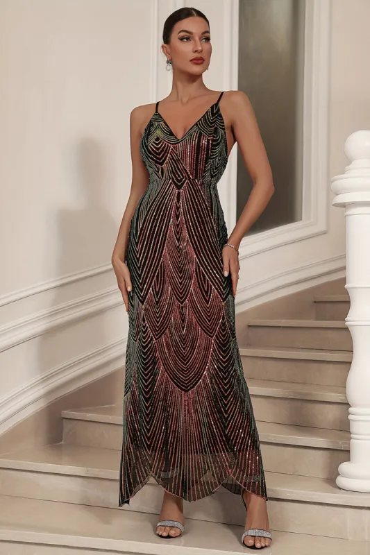 Sparkly Black Sheath Sequined Spaghetti Straps Long Prom Dress sold by Zapaka