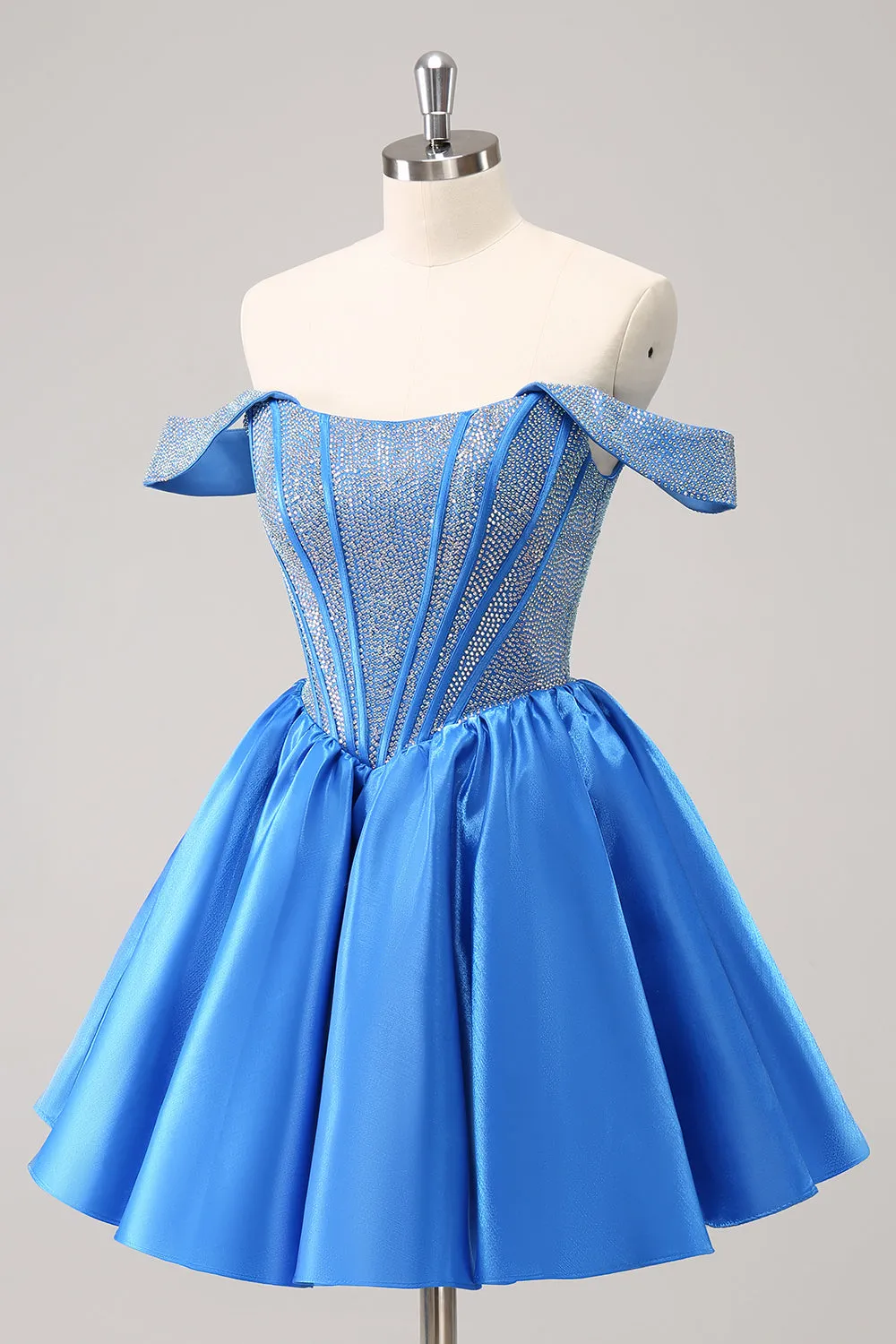 Sparkly Blue A-Line Off the Shoulder Beaded Satin Homecoming Dress sold by Zapaka product image thumbnail 3