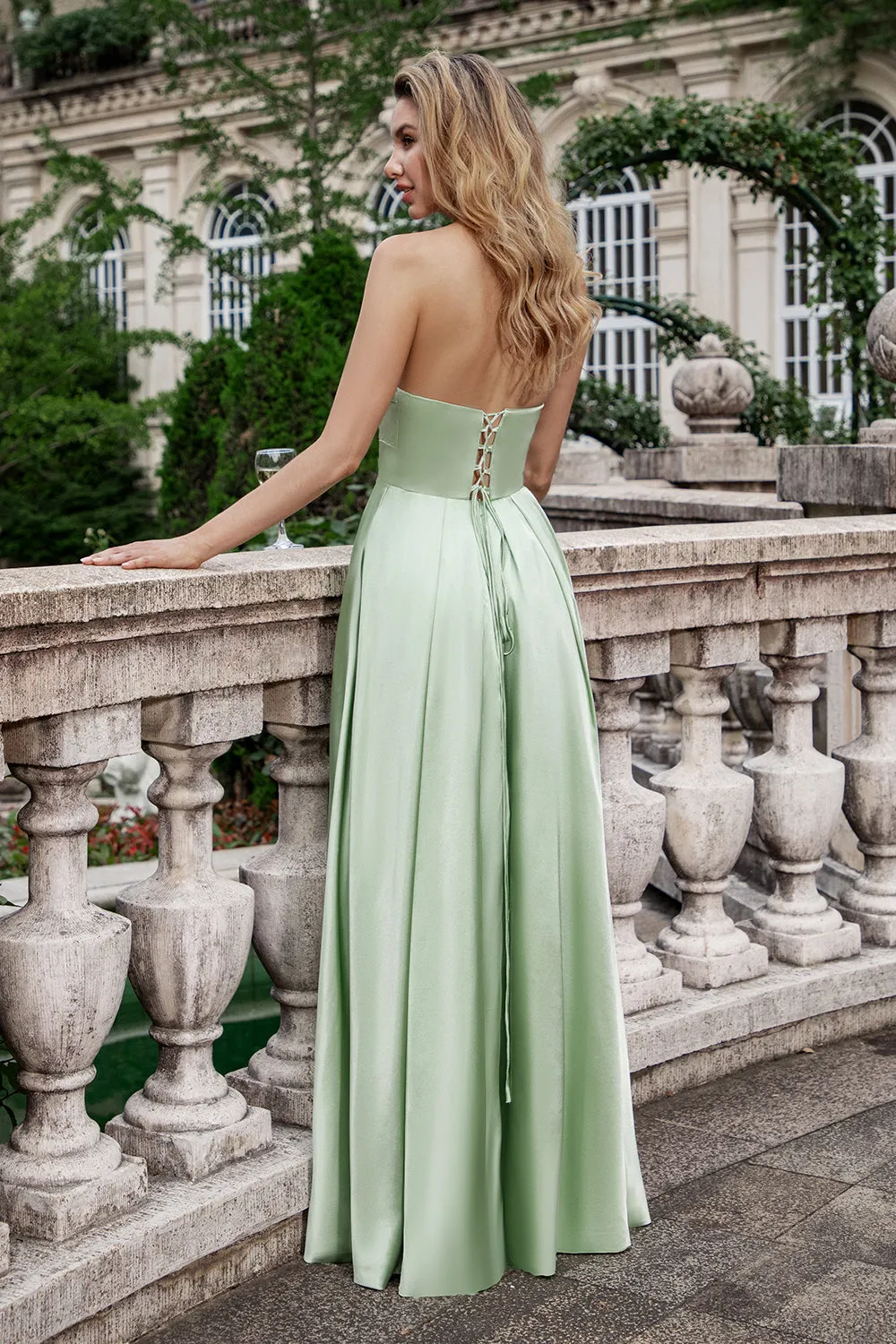 Green A Line Pleated Strapless Keyhole Maxi Bridesmaid Dress With Slit sold by Zapaka product image thumbnail 2