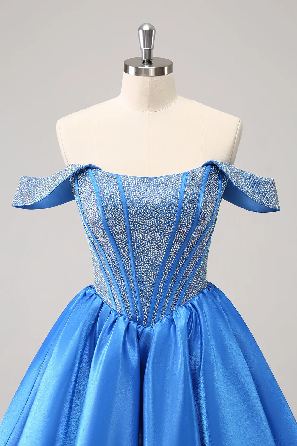 Sparkly Blue A-Line Off the Shoulder Beaded Satin Homecoming Dress sold by Zapaka product image thumbnail 4