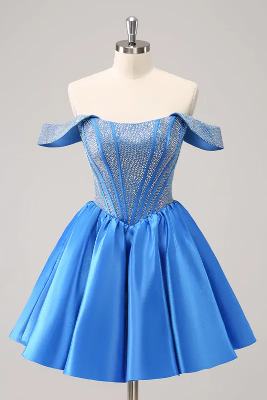 Sparkly Blue A-Line Off the Shoulder Beaded Satin Homecoming Dress sold by Zapaka