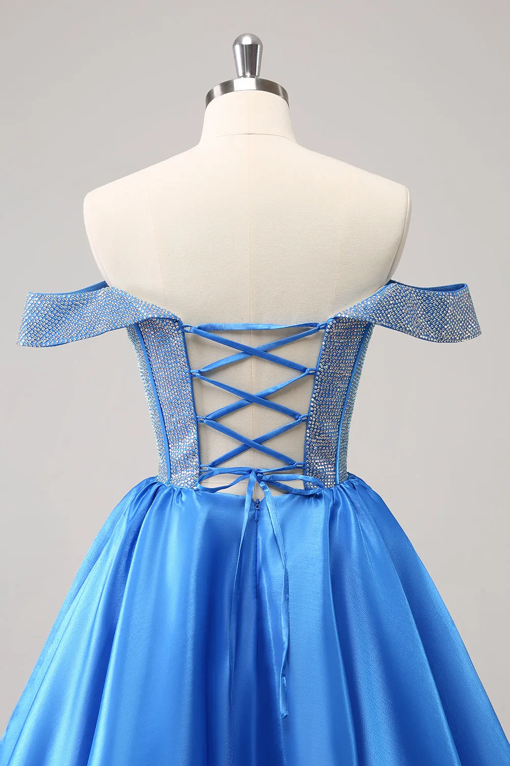 Sparkly Blue A-Line Off the Shoulder Beaded Satin Homecoming Dress sold by Zapaka product image thumbnail 5