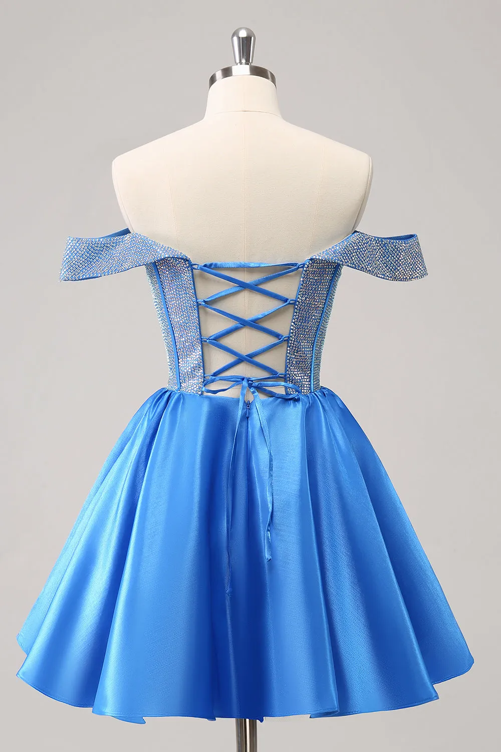 Sparkly Blue A-Line Off the Shoulder Beaded Satin Homecoming Dress sold by Zapaka product image thumbnail 2
