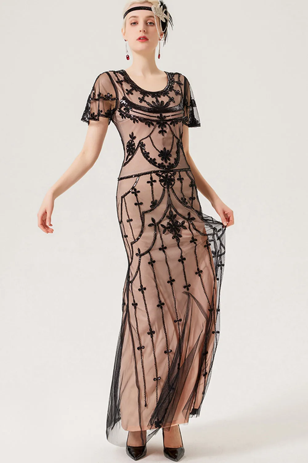 Black Blush Sequins Long 1920s Dress with 20s Accessories Set sold by Zapaka product image thumbnail 5