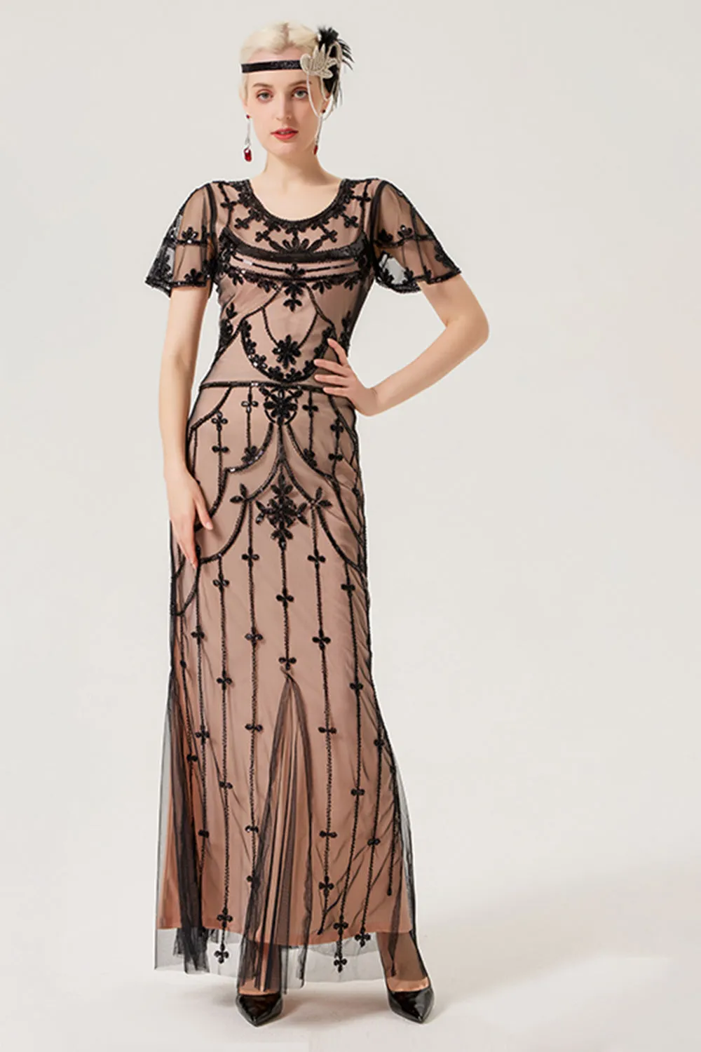 Black Blush Sequins Long 1920s Dress with 20s Accessories Set sold by Zapaka product image thumbnail 2