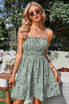 Spaghetti Straps Floral Printed Green Summer Dress sold by Zapaka