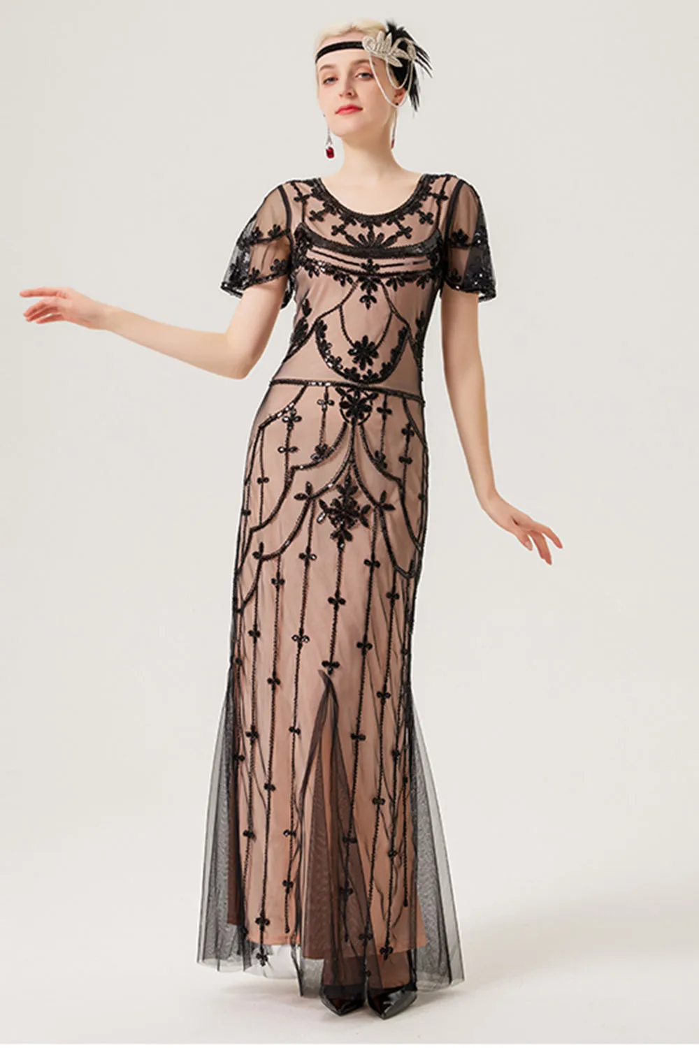 Black Blush Sequins Long 1920s Dress with 20s Accessories Set sold by Zapaka product image thumbnail 4