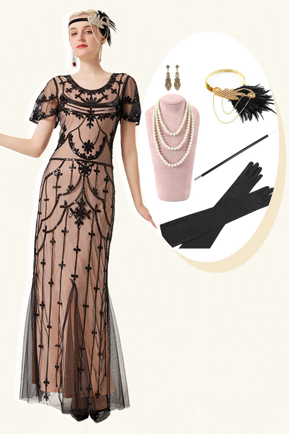 Black Blush Sequins Long 1920s Dress with 20s Accessories Set sold by Zapaka