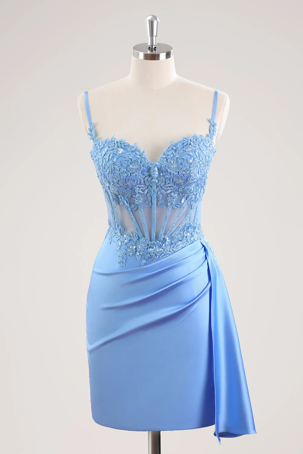 Blue Spaghetti Straps Corset Floral Tight Short Homecoming Dress sold by Zapaka