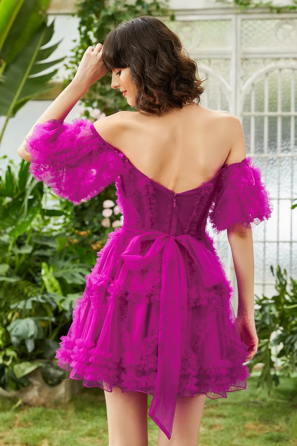 Stylish A Line Off the Shoulder Fuchsia Corset Homecoming Dress with Sleeves sold by Zapaka product image thumbnail 2