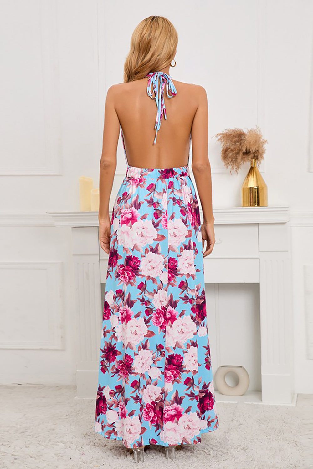 A Line Halter Neck Flower Printed Summer Dress sold by Zapaka product image thumbnail 6