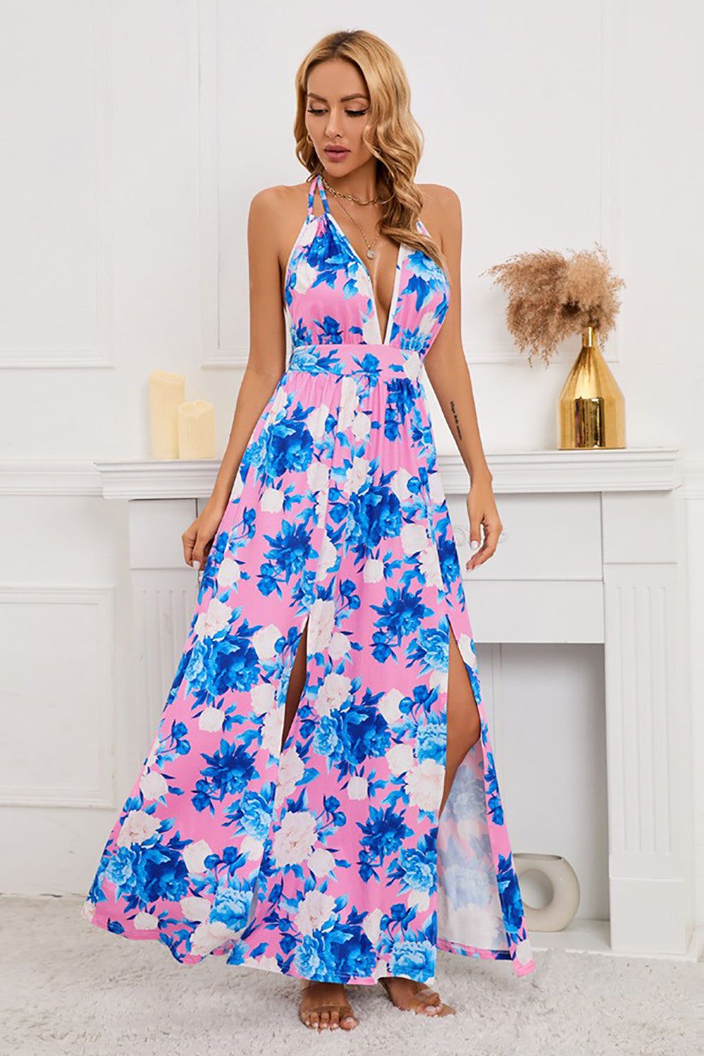 A Line Halter Neck Flower Printed Summer Dress sold by Zapaka product image thumbnail 3