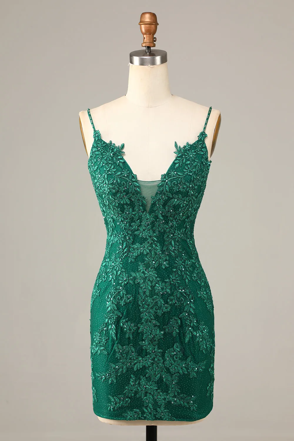 Sheath Spaghetti Straps Dark Green Short Homecoming Dress with Appliques sold by Zapaka