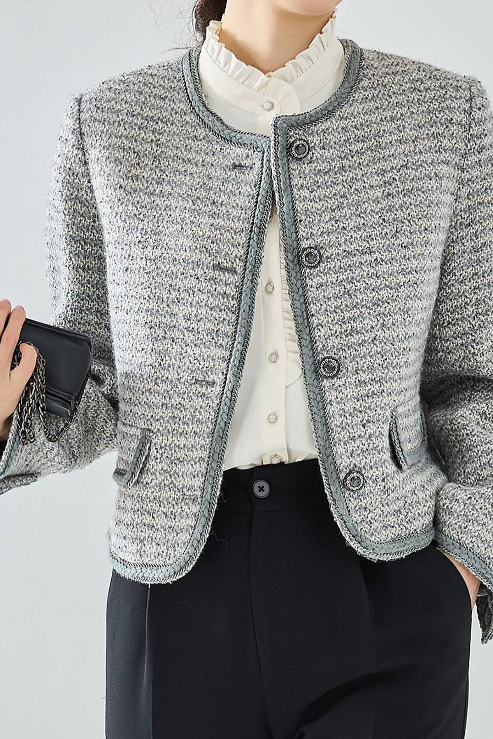 Grey Shawl Lapel Button Cropped Women Coat sold by Zapaka product image thumbnail 4