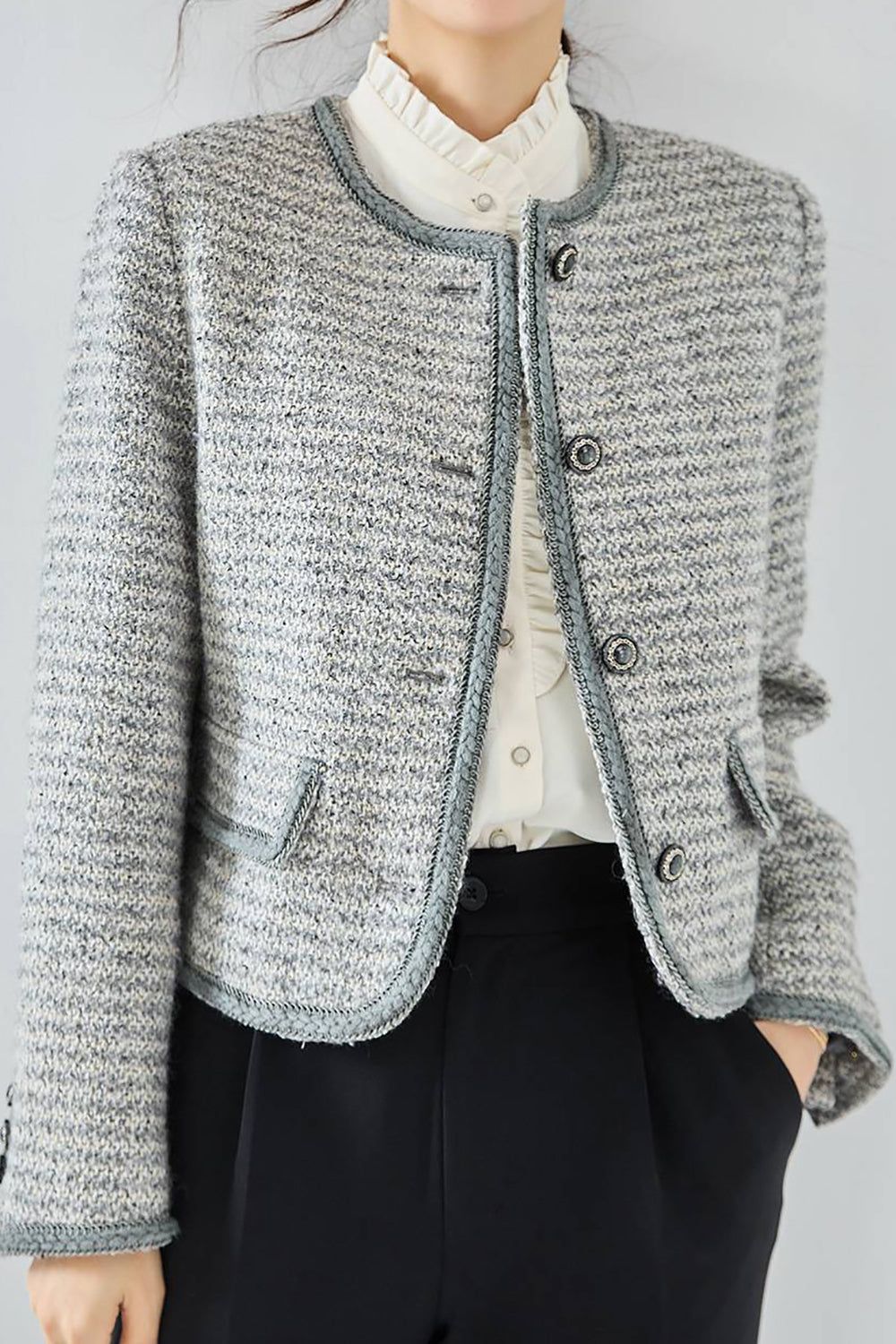 Grey Shawl Lapel Button Cropped Women Coat sold by Zapaka