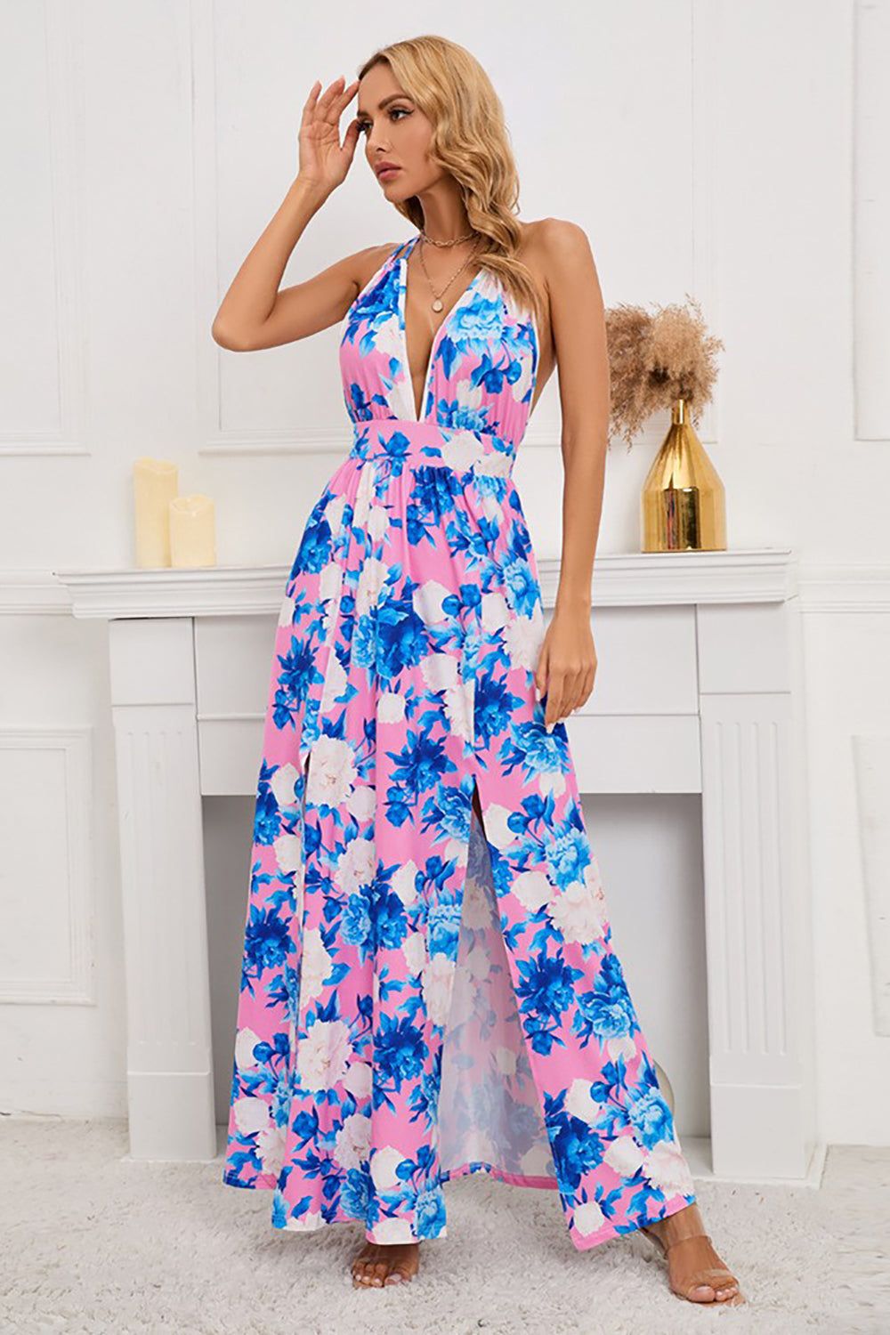 A Line Halter Neck Flower Printed Summer Dress sold by Zapaka product image thumbnail 4