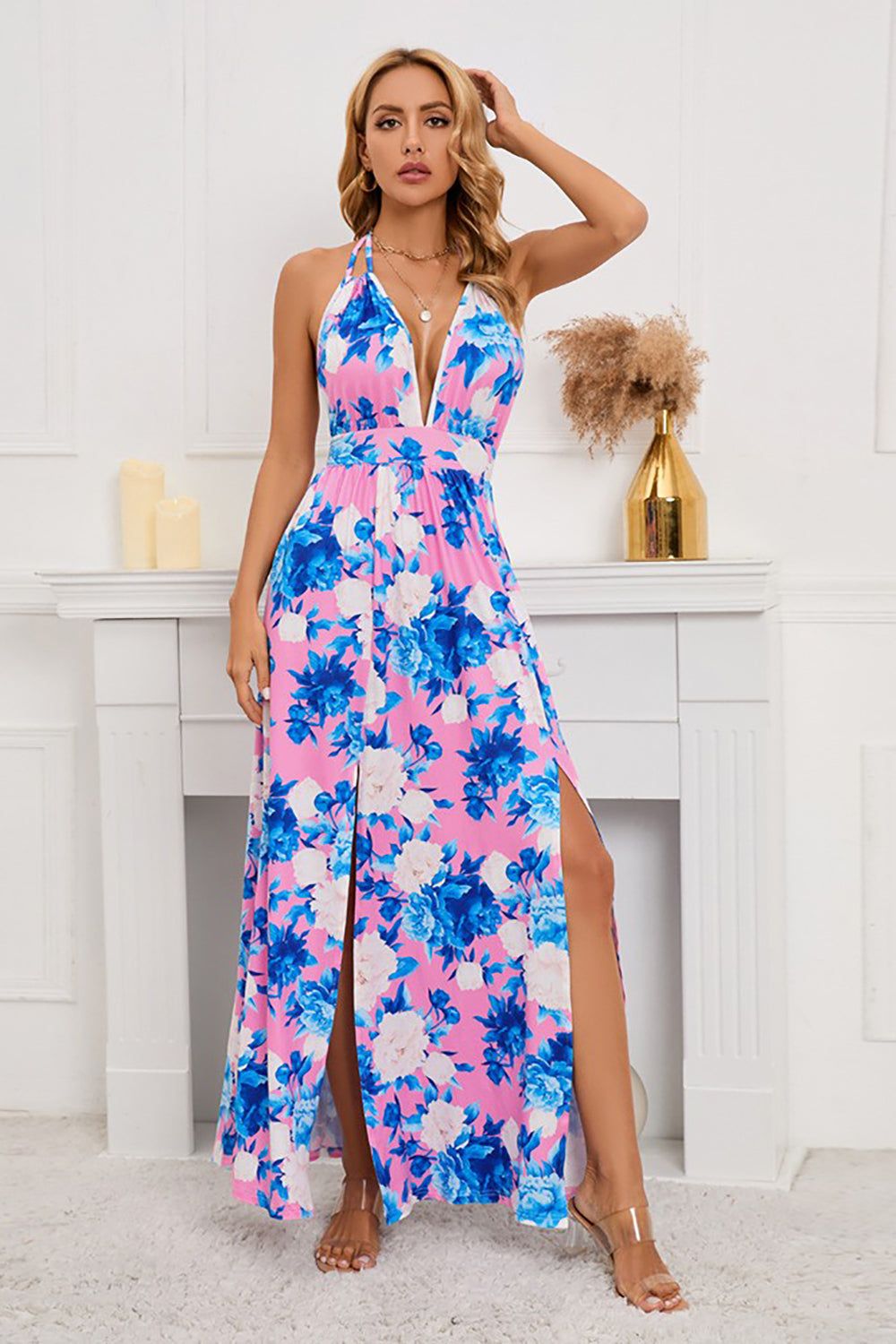 A Line Halter Neck Flower Printed Summer Dress sold by Zapaka