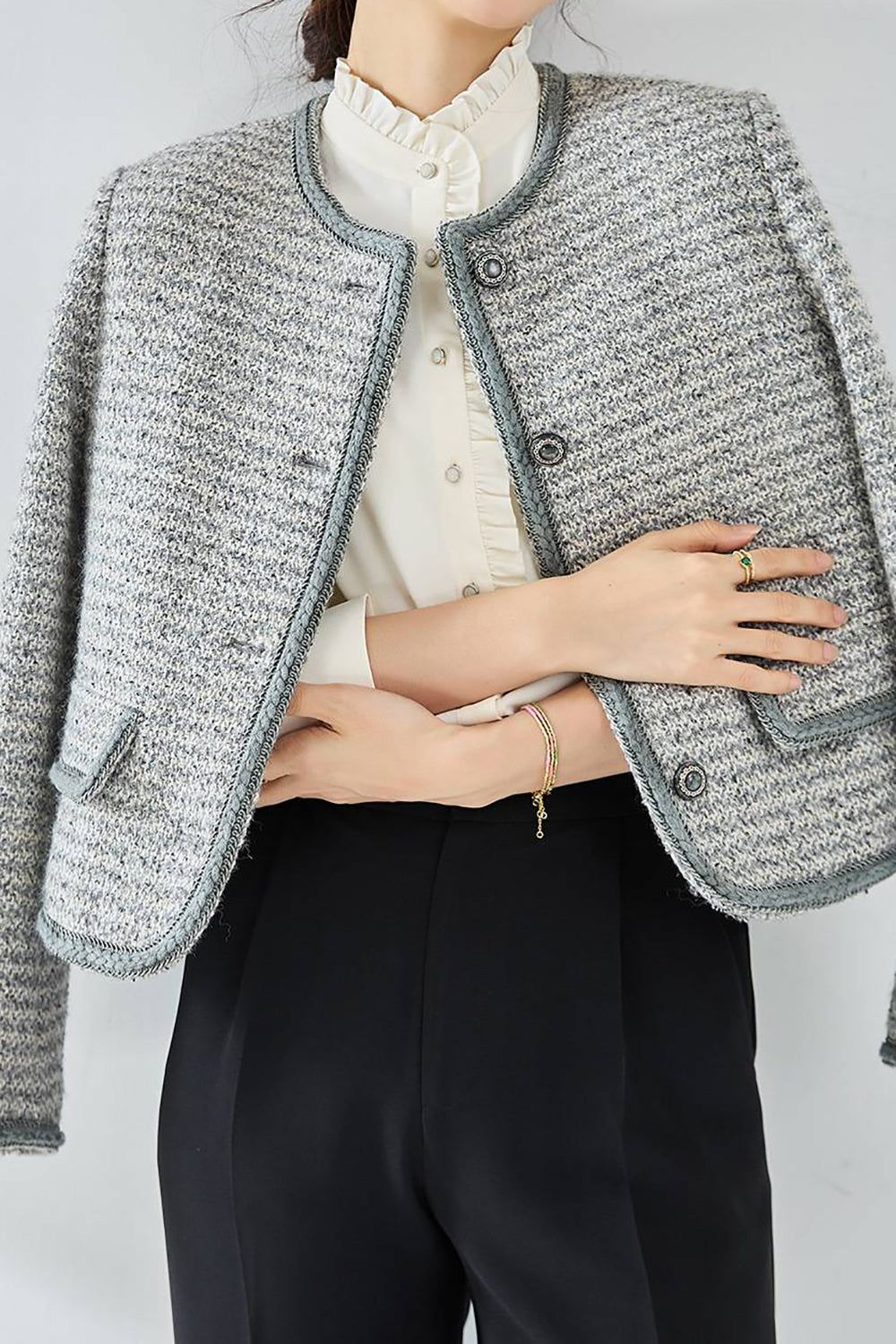 Grey Shawl Lapel Button Cropped Women Coat sold by Zapaka product image thumbnail 2