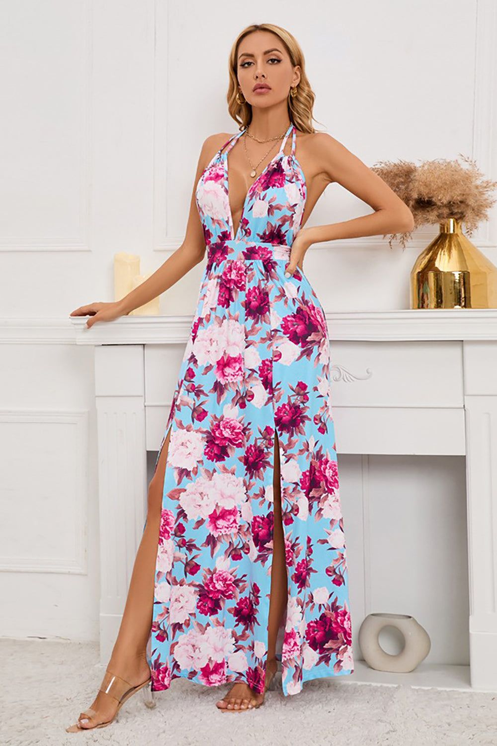 A Line Halter Neck Flower Printed Summer Dress sold by Zapaka product image thumbnail 5