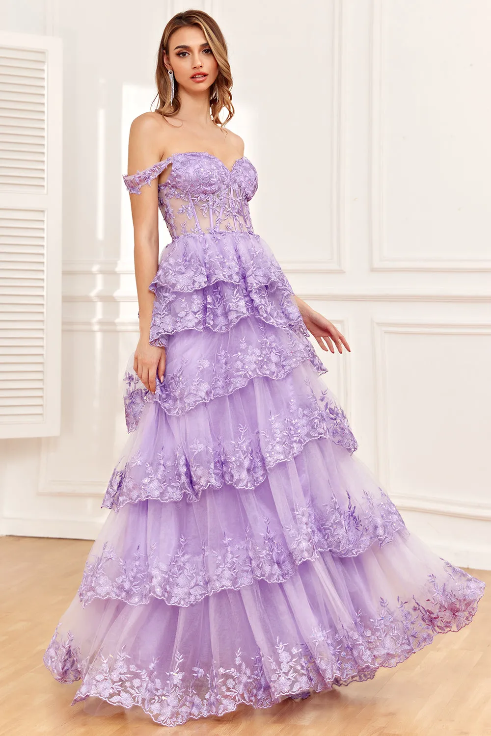 Off the Shoulder Purple Corset Prom Dress with Slit sold by Zapaka