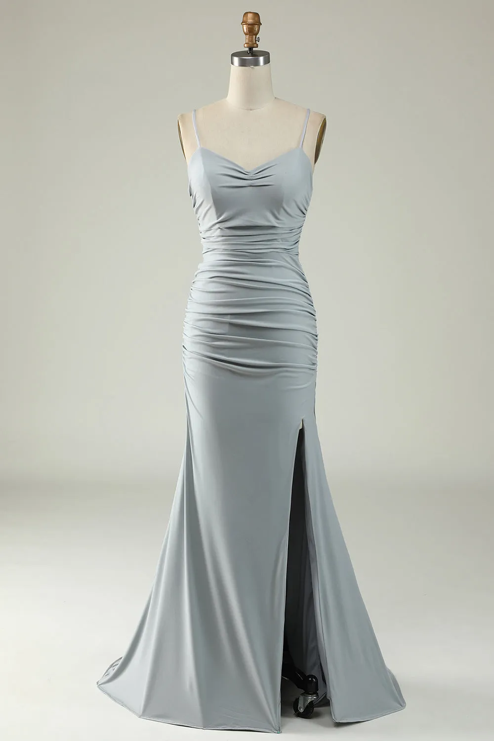 Mermaid Spaghetti Straps Grey Plus Size Prom Dress with Criss Cross Back sold by Zapaka