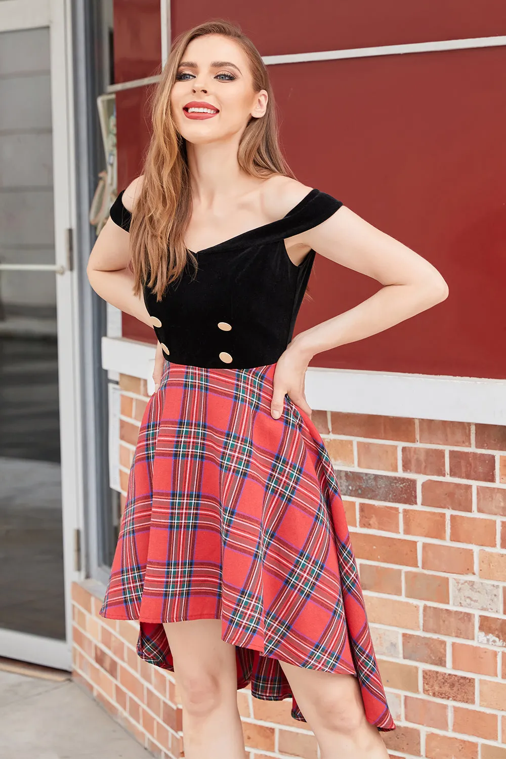 Plaid Off Shoulder High-low Vintage Dress sold by Zapaka product image thumbnail 3