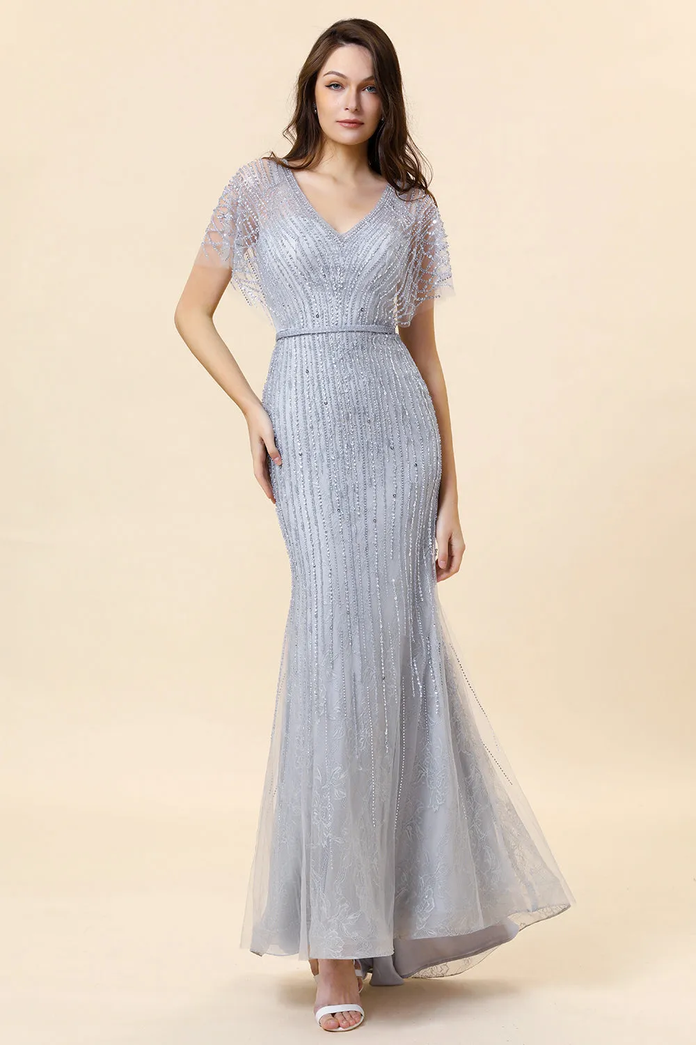 Sparkly Grey Mermaid Beaded Long Evening Dress sold by Zapaka product image thumbnail 5