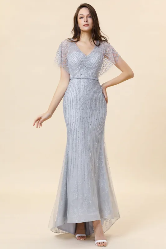 Sparkly Grey Mermaid Beaded Long Evening Dress sold by Zapaka