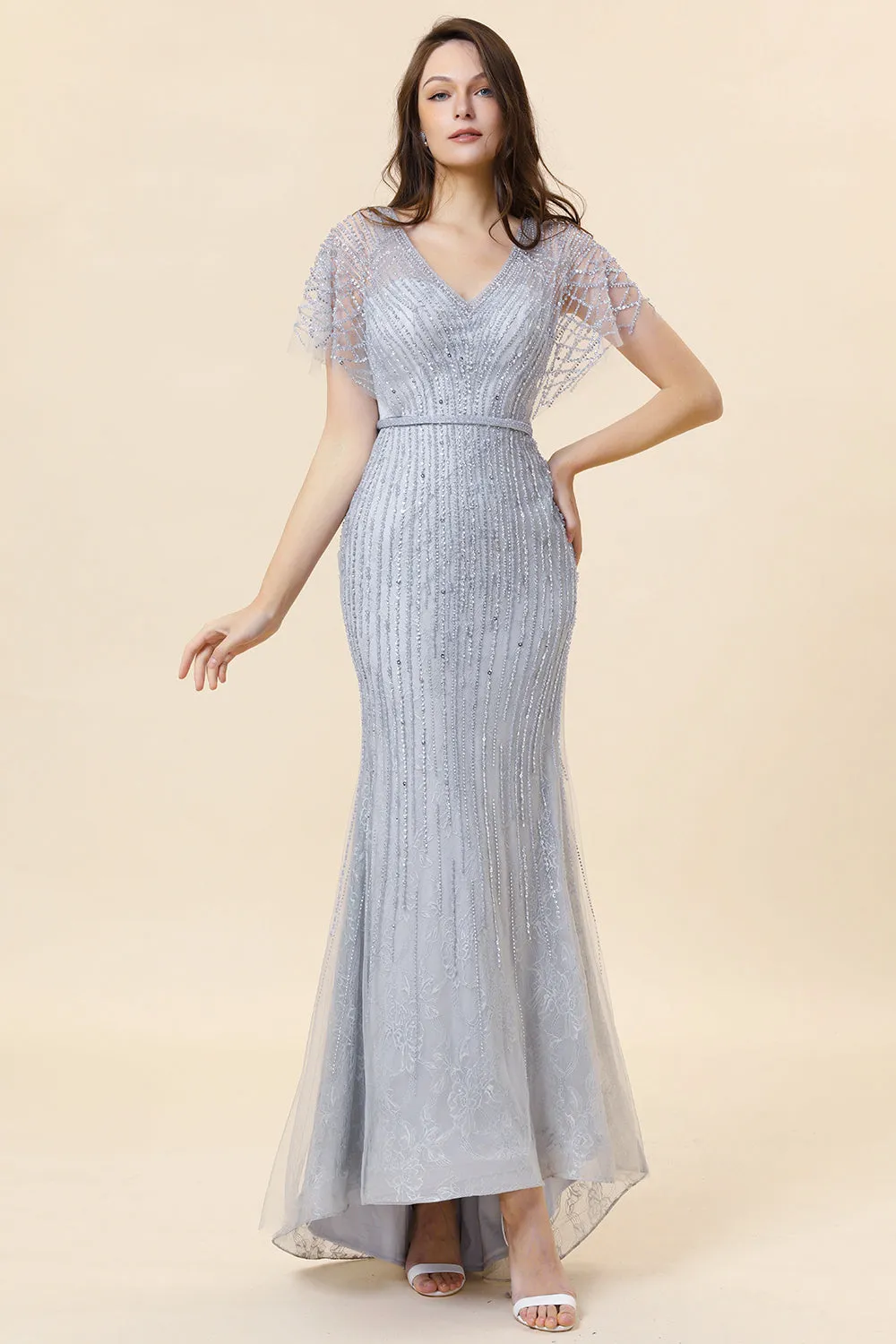 Sparkly Grey Mermaid Beaded Long Evening Dress sold by Zapaka