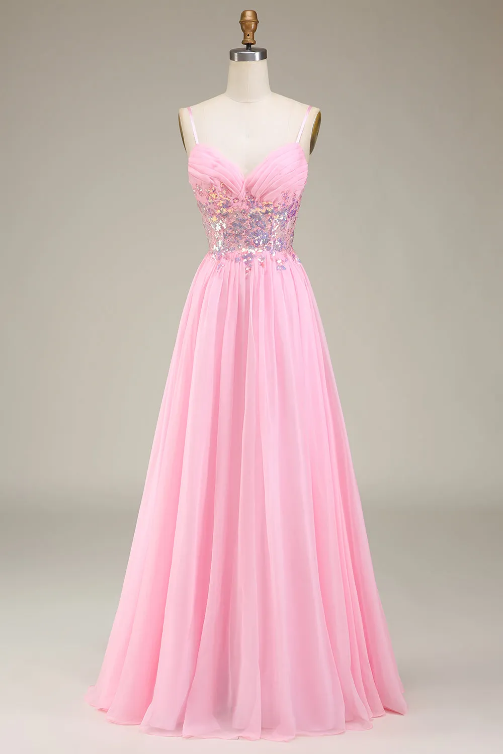 Pink Corset Spaghetti Straps A-line Prom Dress with Pleated sold by Zapaka