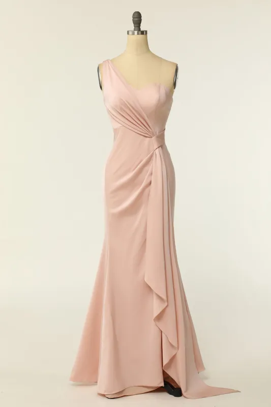 Mermaid One Shoulder Blush Long Bridesmaid Dress with Ruffles made by Zapaka