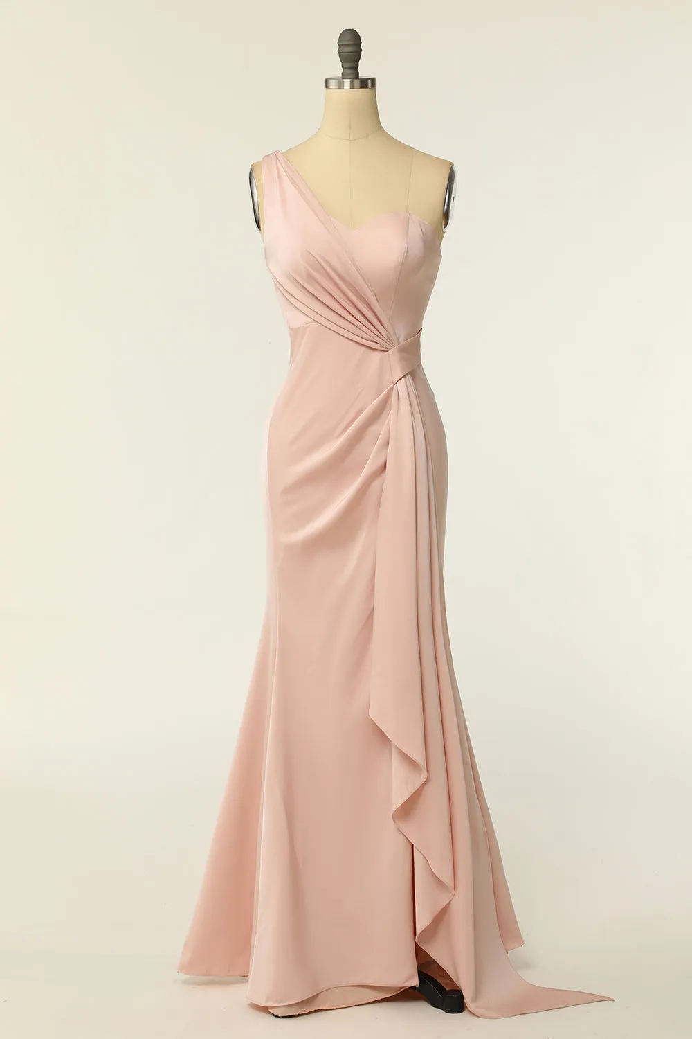 Mermaid One Shoulder Blush Long Bridesmaid Dress with Ruffles sold by Zapaka