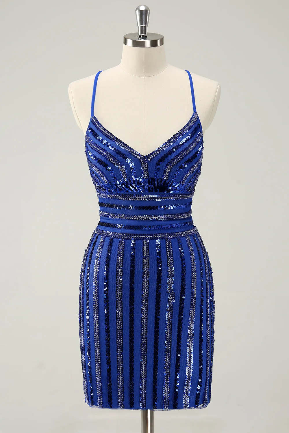 Sparkly Royal Blue Tight Sequined Spaghetti Straps Homecoming Dress sold by Zapaka