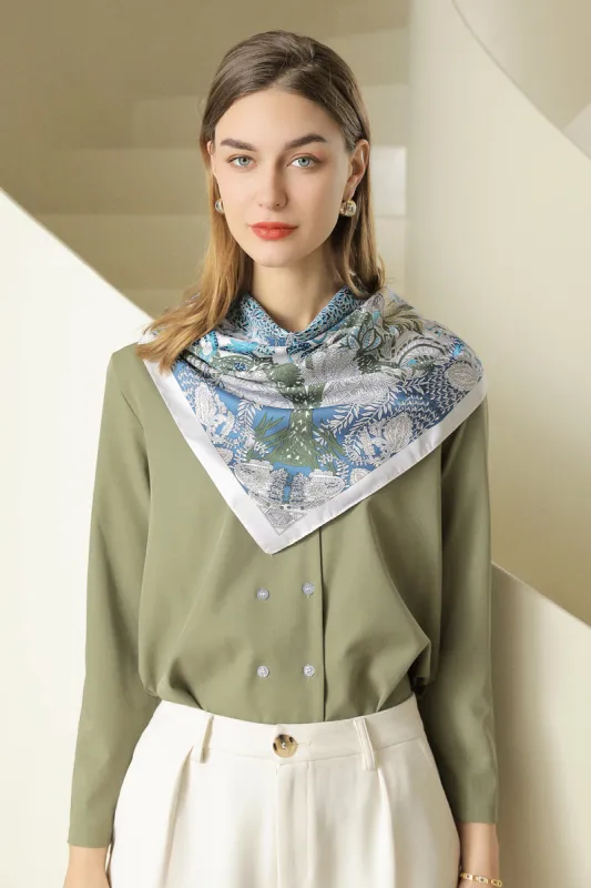 Blue Leaves Printed Square Scarf sold by Zapaka