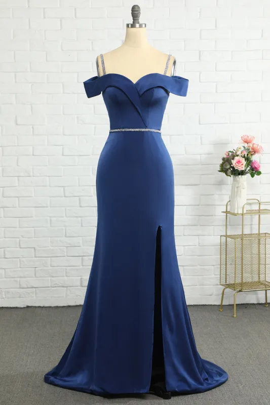 Mermaid Off the Shoulder Navy Bridesmaid Dress with Beading sold by Zapaka