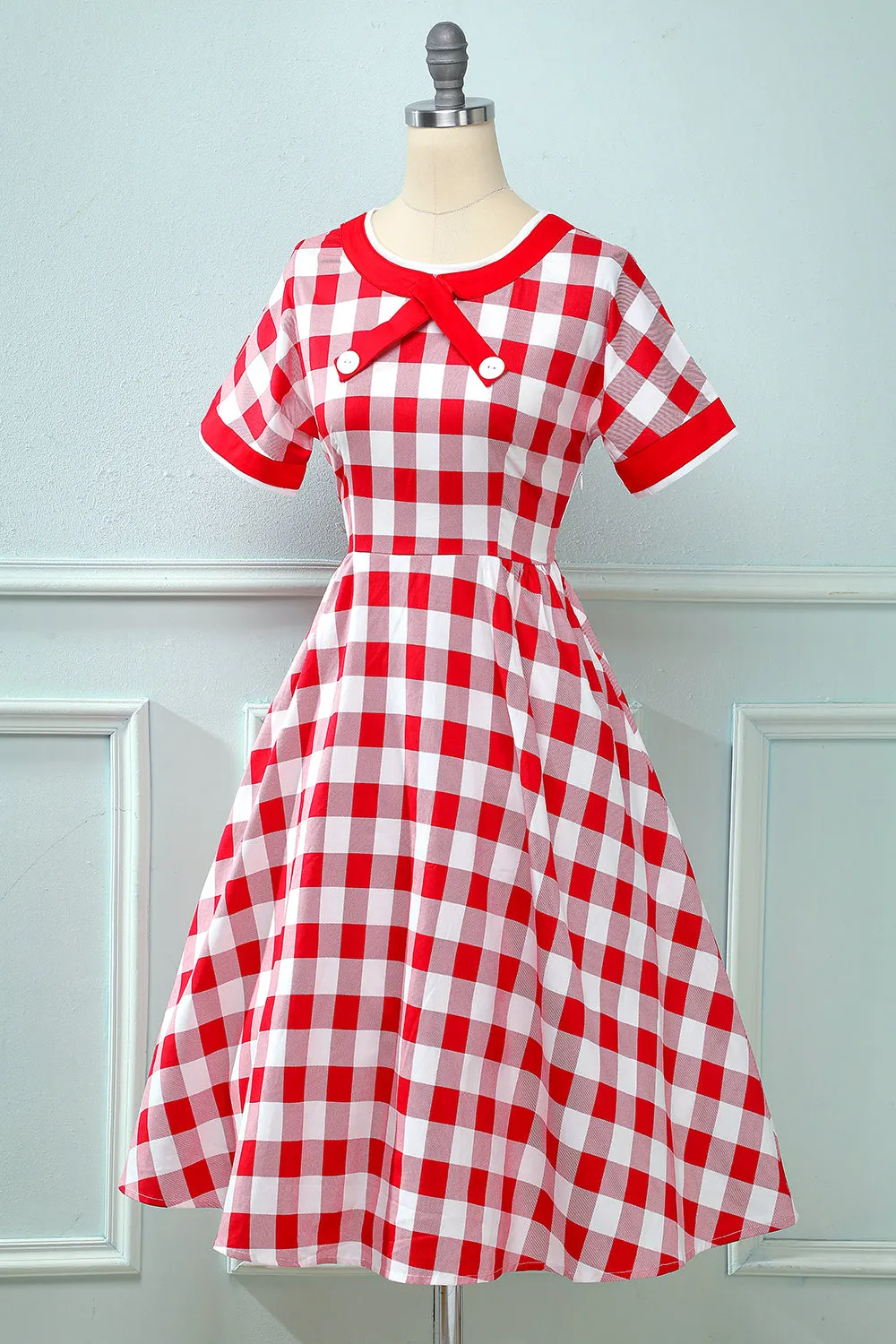 Red Plaid Boat Neck 1950s Dress sold by Zapaka product image thumbnail 3