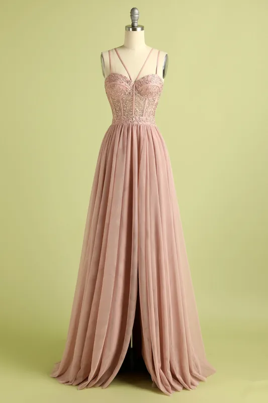 Pink Split Front Spaghetti Straps Prom Dress sold by Zapaka