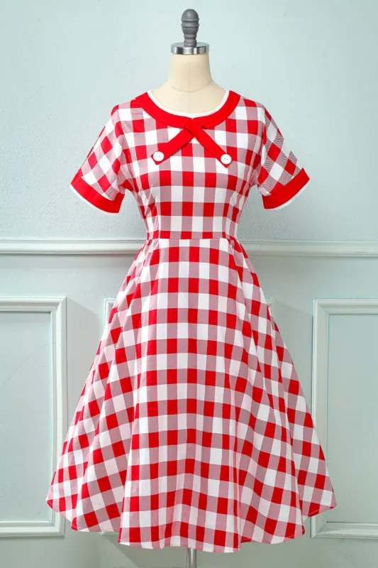 Red Plaid Boat Neck 1950s Dress sold by Zapaka