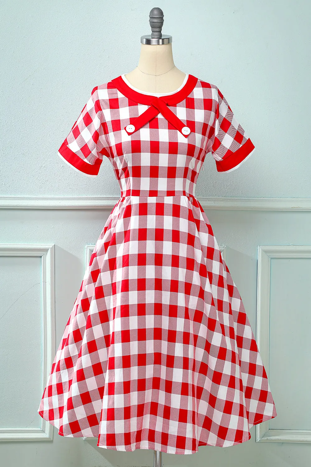 Red Plaid Boat Neck 1950s Dress sold by Zapaka