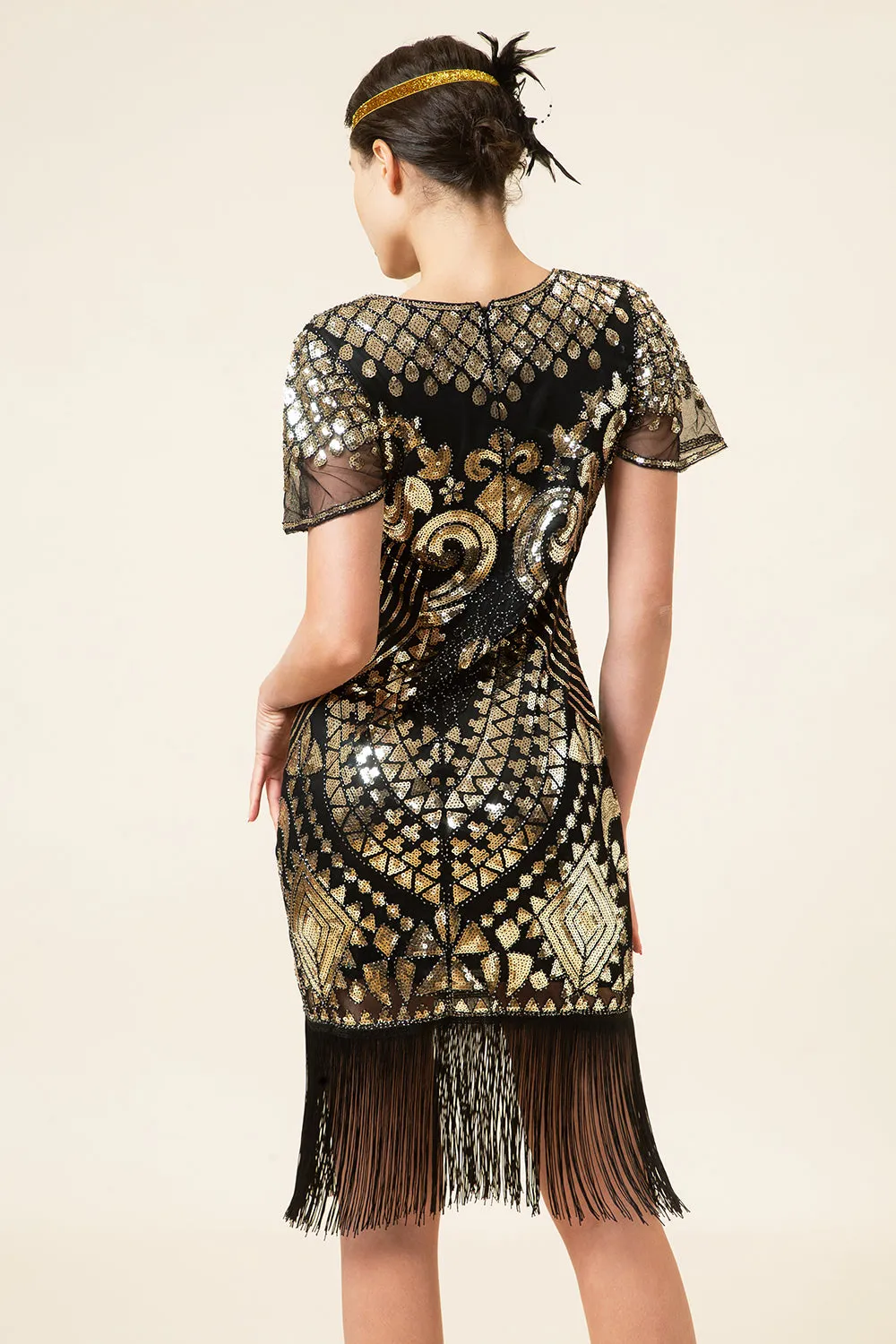 Black and Golden Cap Sleeves Sequined Fringes 1920s Gatsby Flapper Dress with 20s Accessories Set sold by Zapaka product image thumbnail 3