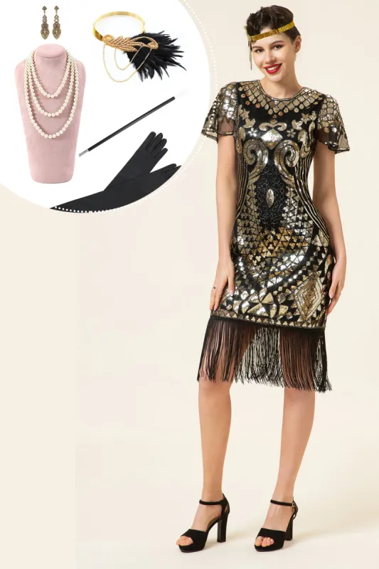 Black and Golden Cap Sleeves Sequined Fringes 1920s Gatsby Flapper Dress with 20s Accessories Set sold by Zapaka
