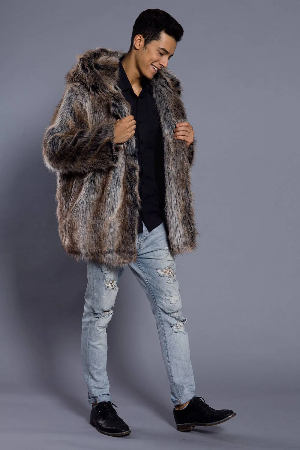 Brown Open Front Lapel Neck Long Faux Fur Men Coat sold by Zapaka product image thumbnail 4