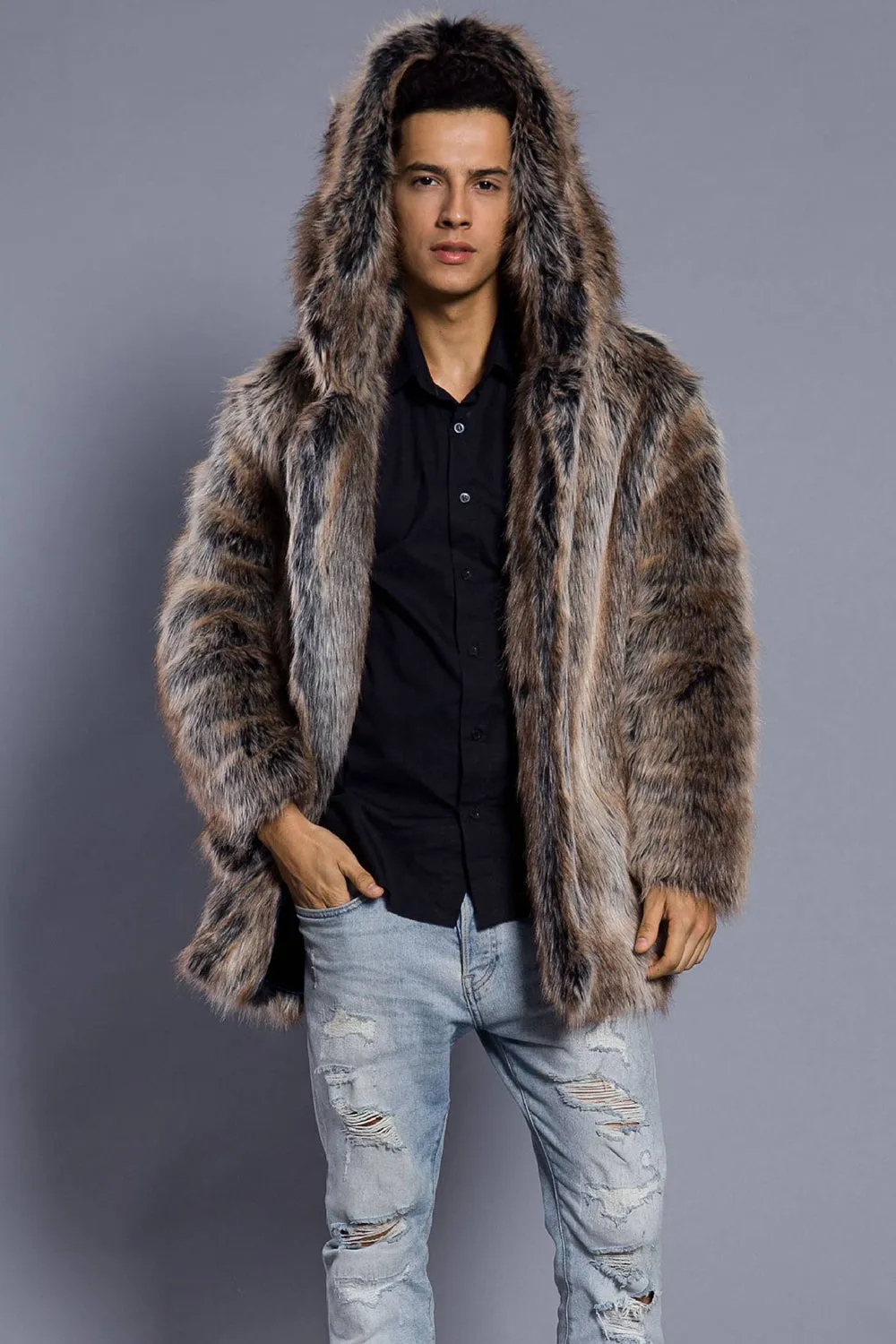 Brown Open Front Lapel Neck Long Faux Fur Men Coat sold by Zapaka product image thumbnail 3
