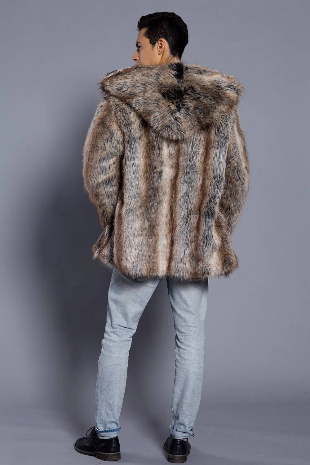 Brown Open Front Lapel Neck Long Faux Fur Men Coat sold by Zapaka product image thumbnail 2